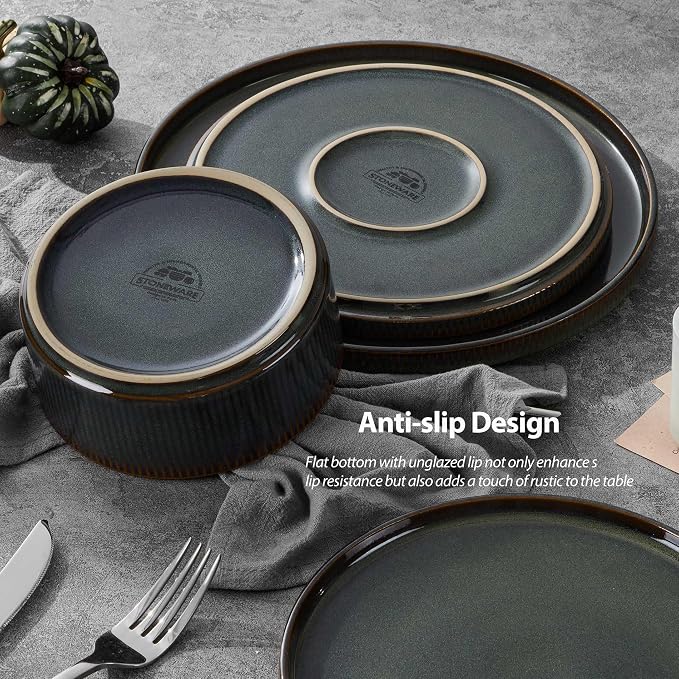 LIANYU Dinnerware Sets with Pasta Bowls, 16 Piece Plates and Bowls Set for 4, Ribbed Stoneware Dishes Set for Kitchen Dining, Microwave and Dishwasher Safe, Jungle Green