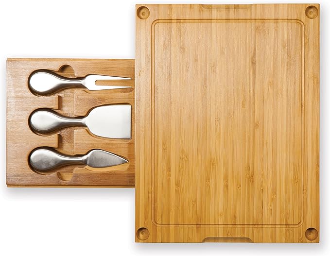 TOSCANA - a Picnic Time brand Concerto Glass Top Cheese and Knife Set - Charcuterie Set - Glass Top Cutting Board, (Bamboo)