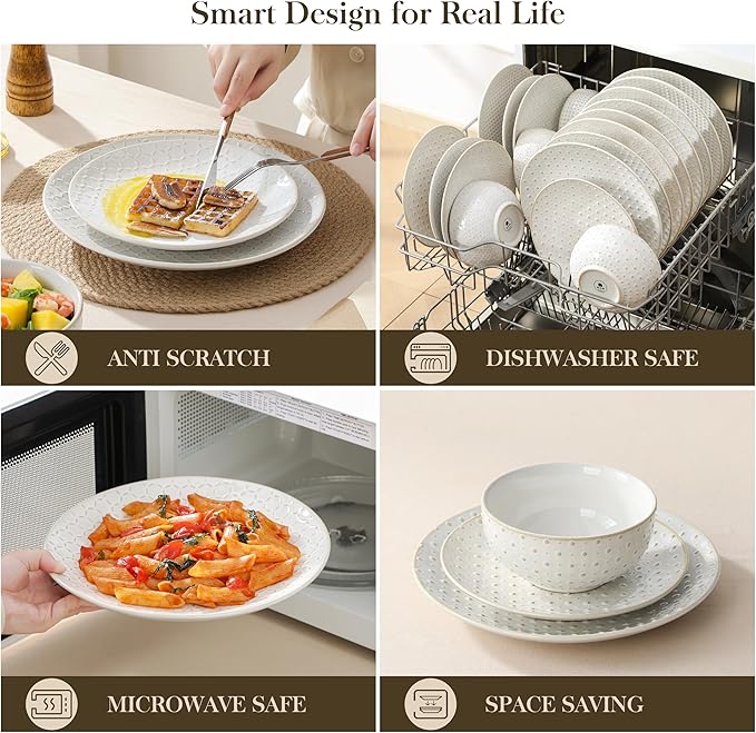 MALACASA 24-Piece Farmhouse Dinnerware Set for 8, Embossed White Stoneware Plates and Bowls Sets, Vintage Relief Ceramic Dish Set, Chip-Resistant, Microwave & Dishwasher Safe