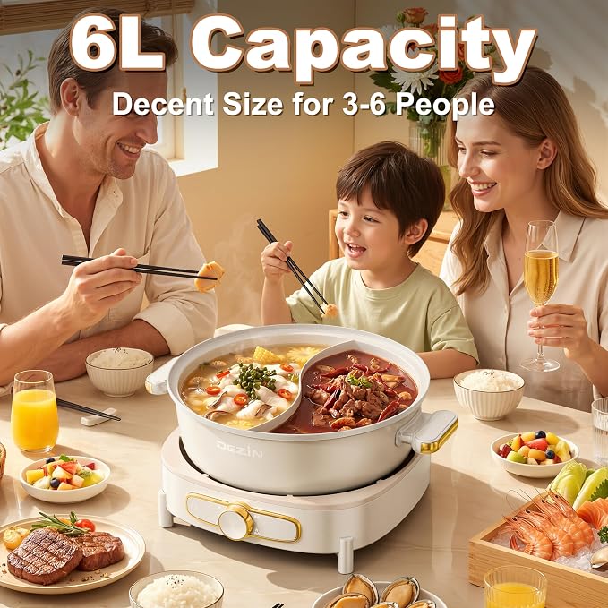 Dezin Hot Pot Electric with Divider, 6L Double-Flavor Shabu Shabu Pot, Dual Sided Removable Non-Stick Hotpot Pot Electric, 3" Depth Chinese Hot Pot with Multi-Power Control, Silicone Ladles Included