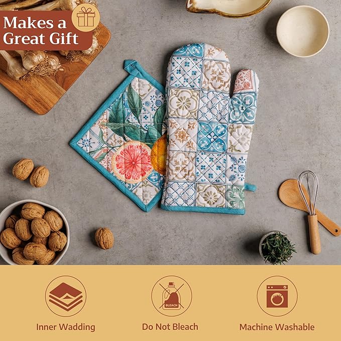 Maison d' Hermine 100% Cotton Oven Mitt & Pot Holder Set (7.5"x13" & 8"x8") Heat Resistant BBQ Cooking Gloves with Loop Baking Grilling Kitchen Gifts for Mothers Day Spring/Summer (Agrume)