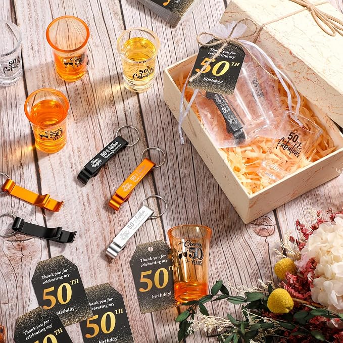Domensi 50 Sets 50th Birthday Party for Guests Bulk Include Cheers to 50 Short Glasses Beer Bottle Opener Keychains Thank You Cards with Gift Bags and Ropes for Birthday Party Gifts