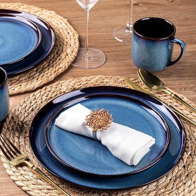 LeRatio Ceramic Dinnerware Sets for 4,Plates and Bowls Sets,Handmade Reactive Glaze Dishes Set,Chip Resistant and Scratch Resistant | Oven&Dishwasher & Microwave Safe,Service for 4