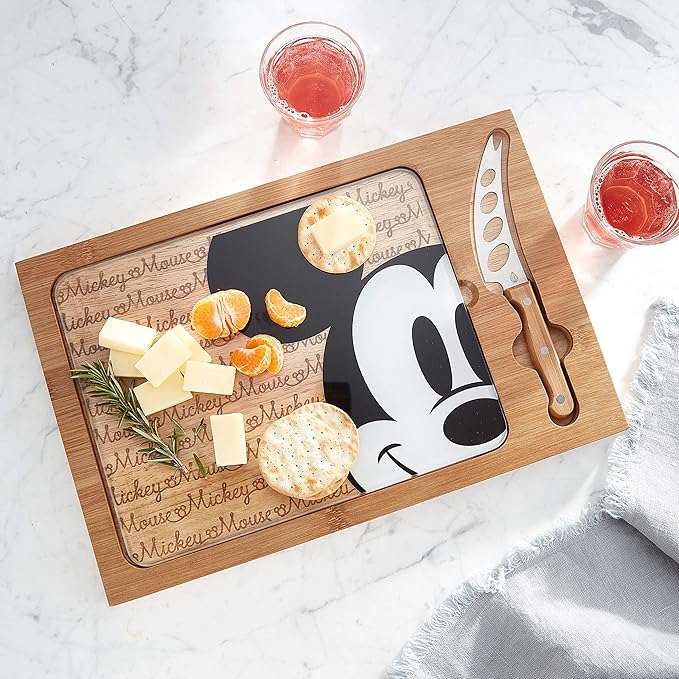 PICNIC TIME Disney Mickey Mouse Icon Glass Top Cheese Board and Knife Set, Charcuterie Serving Tray, Removable Tempered Glass, Parawood and Bamboo Design, (Parawood & Bamboo)