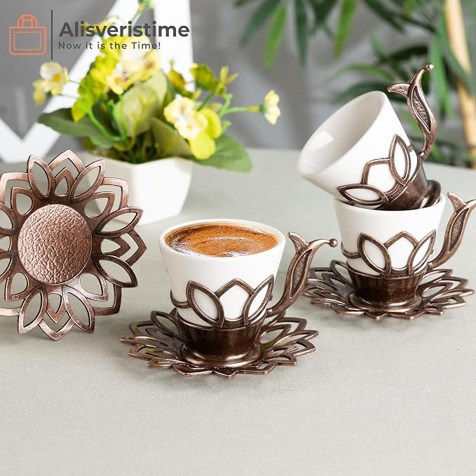Alisveristime (Set of 6) Turkish Coffee Set with Porcelain Cups, Zamac Holders & Saucers – 80ml Capacity, Ottoman Motif, 4 Color Options (Brown)