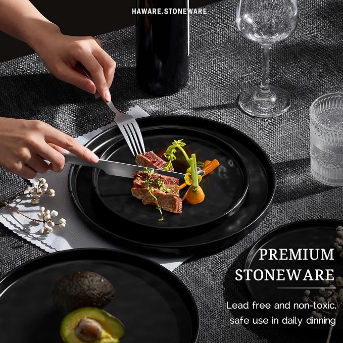 HaWare Dinnerware Sets, 12-Piece Plates and Bowls Set, Stoneware Dish Set for 4, Ceramic Dinnerware for Home Restaurant, Chip and Scratch Resistant, Microwave and Dishwasher Safe, Matte Black