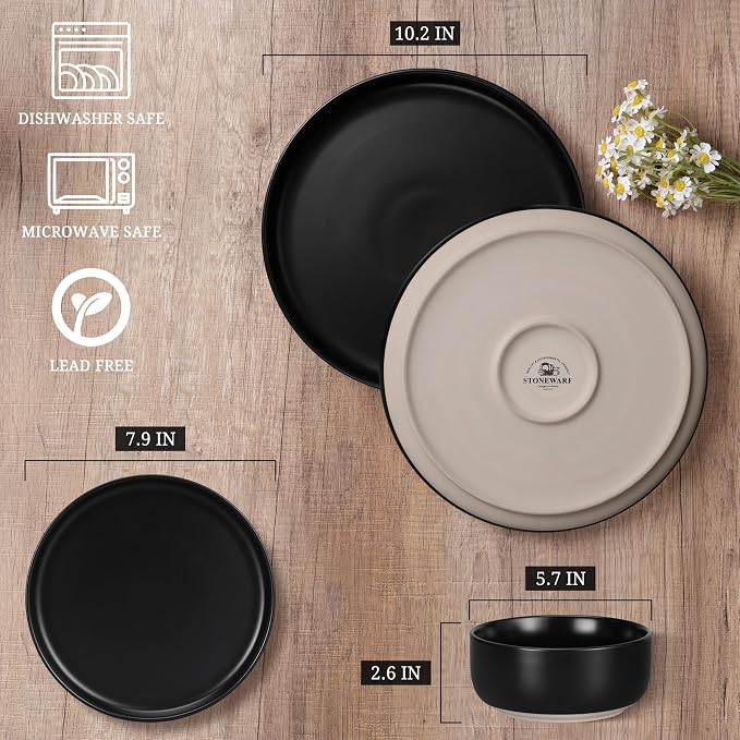 HaWare Stoneware Dinnerware Sets, 24-Piece Plates and Bowls Set for 8, Dishes Set for Home Restaurant, Frosting Black
