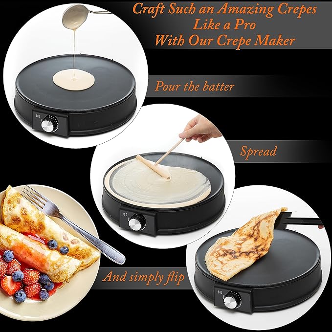 Moss & Stone 12” Electric Griddle Pan & Crepe Machine, Non-Stick Electric Crepe Maker with Adjustable Temperature, Includes Spreader & Spatula – Ideal for Pancakes, Blintzes & Tortillas