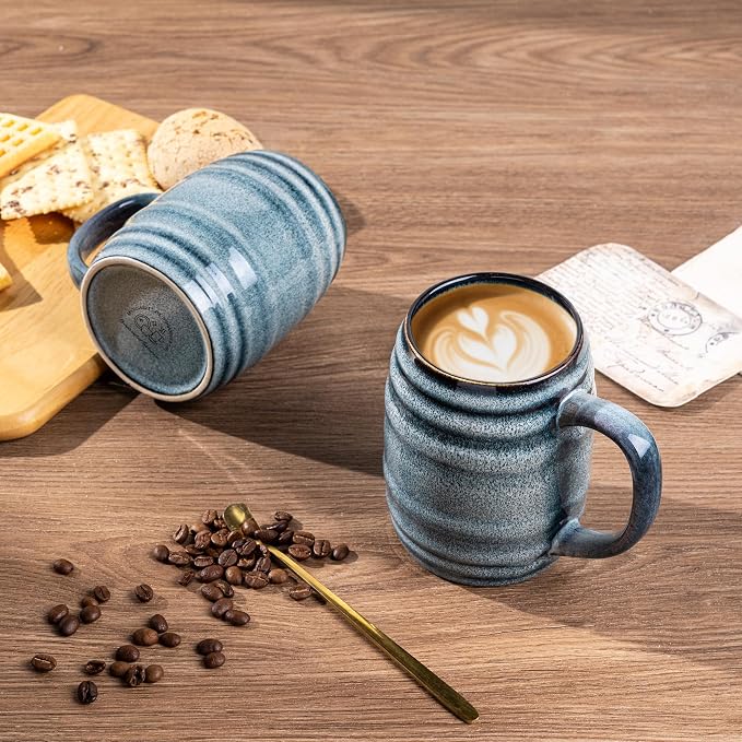 GBhome 20oz Large Coffee Mugs Set of 4, Handmade Ceramic Coffee Mugs Set for Latte/Tea/Beer/Hot Cocoa, Dishwasher & Microwave Safe- Blue Horizon