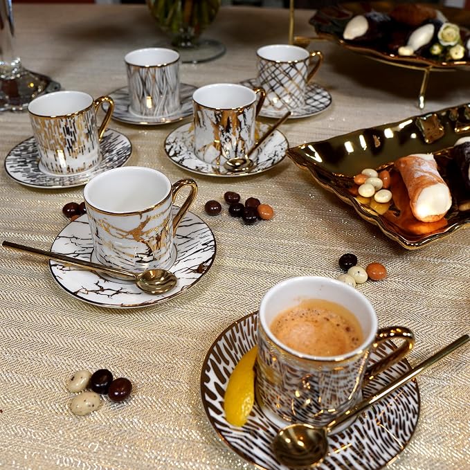 Matrix Gold Porcelain Espresso Cup & Saucer Set – 6 Assorted Modern Designs with Gold Plated Accents – Elegant Espresso Cups for Entertaining, Gift-Giving & Home Décor