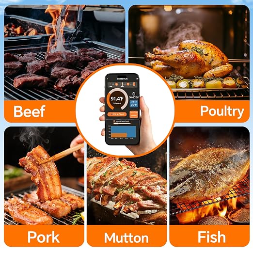 Wireless Meat Thermometer with Stable Bluetooth Connection, ±1°F Accurate 6-Sensor Probe, App-Controlled Digital Food Thermometer, Rechargeable, IP67 Waterproof for BBQ, Grill, Smoker & Oven