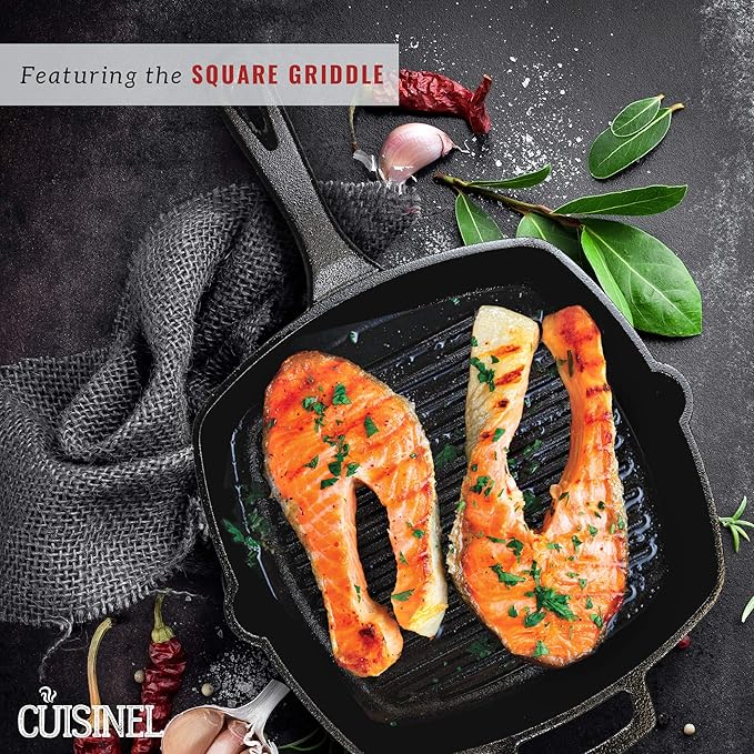 Cuisinel Cast Iron Cookware Set - Complete Pre-Seasoned Kit - 8" Skillet + 10"+12" Skillets with Glass Lid + Grill Pan + Multi-Cooker/Dutch Oven + Flat Griddle + Pizza Pan + Pan Rack Organizer
