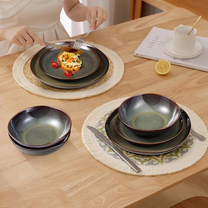 Herogo 18PCS Dinnerware Sets for 6, Stoneware Plates and Bowls Dish Set, Irregular Handmade Dinner Ware Dishware for Kitchen Dinning, Microwave & Dishwasher Safe, Lichen Green