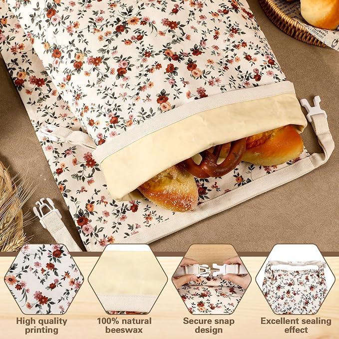 Reusable Beeswax Bread Bags for Homemade Bread Sourdough (2 Pcs 13x17in Bags + 10in Bowl Cover) Floral Cotton 100% Natural Beeswax Coating, Plastic-free Food Storage Wrap(Vintage Flower)