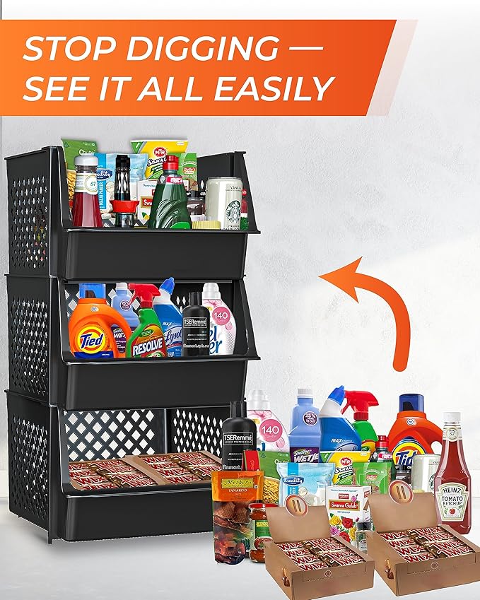 TidyFriend 3 Pk Large Stackable Storage Bins Open Front for Pantry Organizers and Storage, Pantry Storage for Food, Kitchen and Home Organization, Plastic Storage Bins, Dorm Room Essentials (Black)