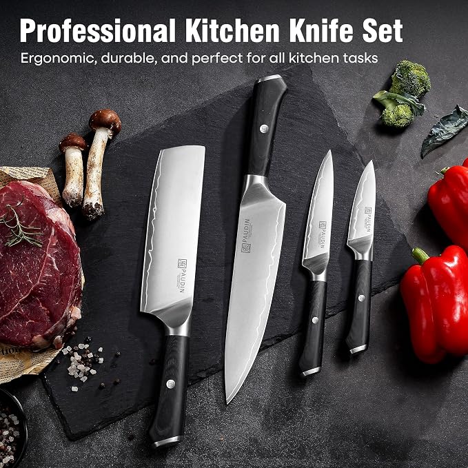 PAUDIN Kitchen Knife Set, Ultra-Sharp Damascus Clad Steel Knives for Meat and Vegetables, Ergonomic Wooden Handle,62 HRC Modern Kitchen Chef Knife Set for Cooking,BBQ,Meal Prep,Gifts for Men and Women