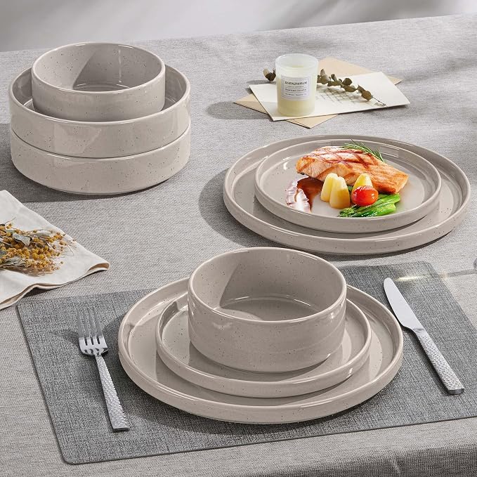 Herogo 24 Piece Plates and Bowls Set, Ceramic Dinnerware Sets with Pasta Bowls, Kitchen Dinner Ware Dishes Service for 6, Chip & Scratch Resistant Dishware, Speckled Coffee Brown