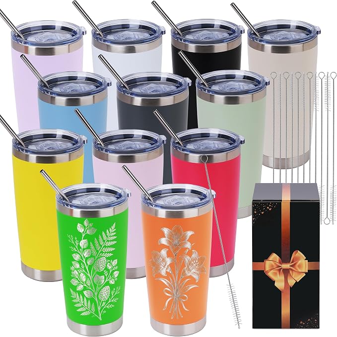 Joyclub Personalized Graduation Gifts 12 Pack Tumblers Bulk 20 oz Colorful Powder Coated Tumbler Bulk Tumblers With Lids and Straws Insulated Travel Coffee Cups Personalized Gift