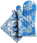 Maison d' Hermine 100% Cotton Oven Mitt & Pot Holder Set (7.5"x13" & 8"x8") Heat Resistant BBQ Cooking Gloves with Loop Baking Grilling Kitchen Gifts for Mothers Day Spring/Summer (Summer Blues)