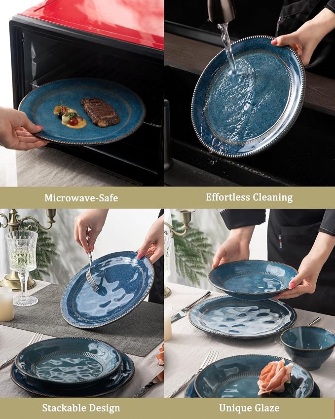 4-piece set, ceramic, natural active glaze plate and bowl set, microwave and dishwasher compatible tableware set, shatterproof and scratch resistant dinner set, irregular edge design, sky blue