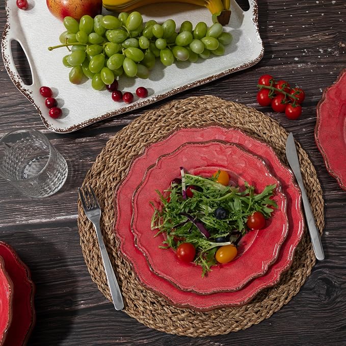 LEHAHA Luxury 12 Piece 100% Melamine Dinnerware Sets, Rustic Scalloped rim Bowls and Dinner/Dessert Plates set, Spring Camping dishes indoor and outdoor use, Service for 4, Christmas Red