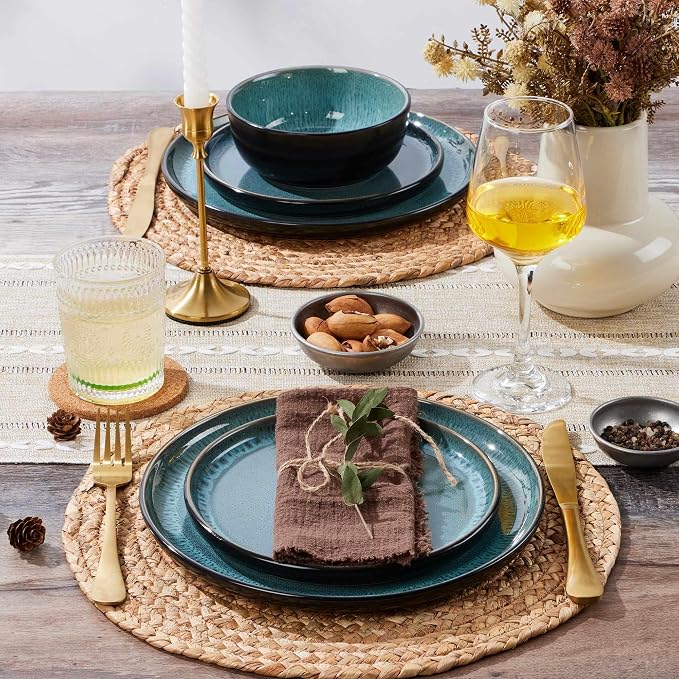 LIANYU Stoneware Dinnerware Sets with Pasta Bowls, 16 Piece Plates and Bowls Dishes Set for 4, Dishwasher Safe Dining Ware Dishware for Home Kitchen, Microwave Safe, Pastel Turquoise