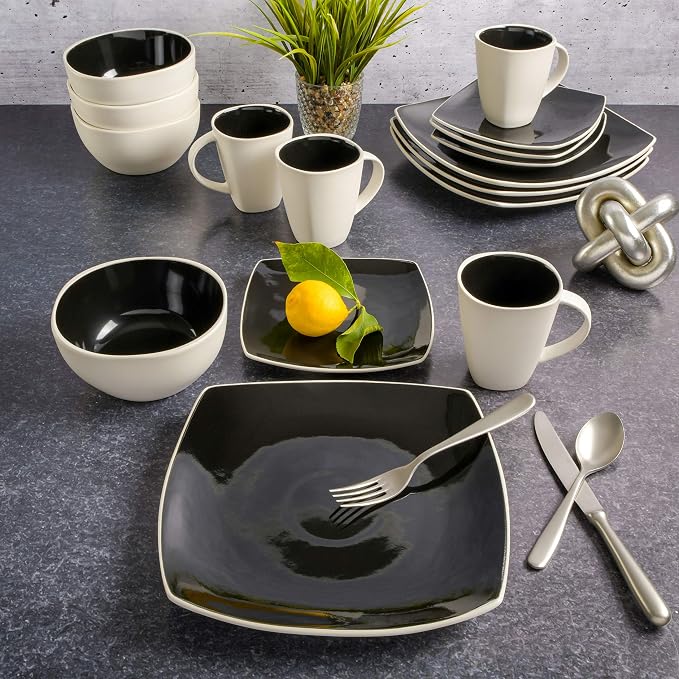 Gibson Soho Lounge Square Reactive Glaze Stoneware Dinnerware Set, Service for 4 (16pc), Black/white