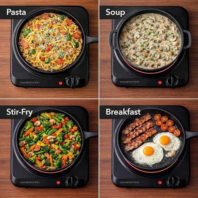 OVENTE Countertop Infrared Single Burner, 1000W Electric Hot Plate with 7” Ceramic Glass Cooktop, 5 Level Temperature Setting & Easy to Clean Base, Compact Stove for Home Dorm Office, Black BGI101B