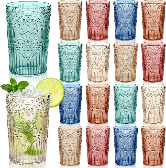24 Pcs 16 oz Plastic Vintage Drinking Glasses Stemless Ribbed Highball Glasses Bulk Embossed Reusable Cup for Water Beer Cocktails Juice Wedding Bridal Shower Birthday Event Party (Mixed)