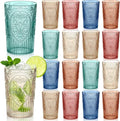 24 Pcs 16 oz Plastic Vintage Drinking Glasses Stemless Ribbed Highball Glasses Bulk Embossed Reusable Cup for Water Beer Cocktails Juice Wedding Bridal Shower Birthday Event Party (Mixed)