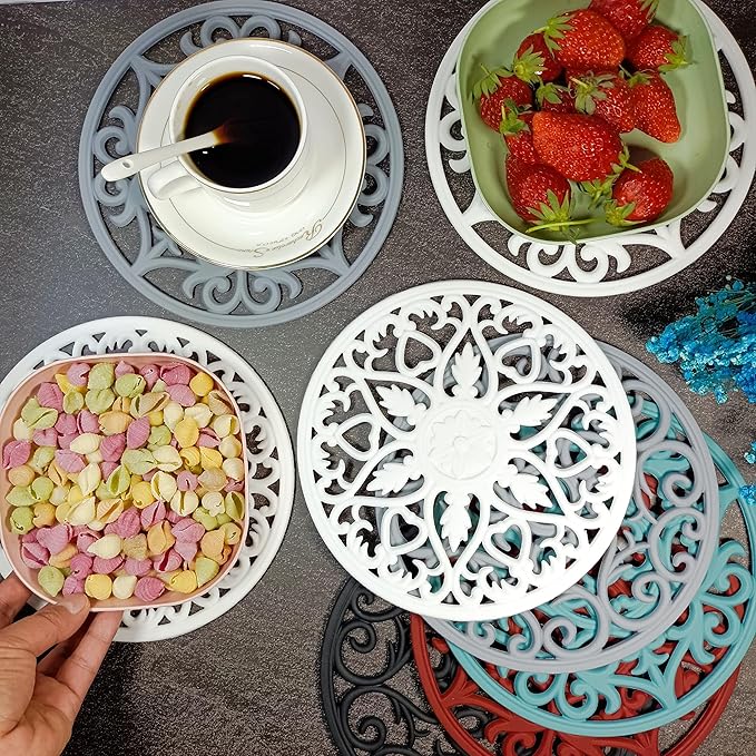 Silicone Trivets Mats for Hot Dishes, Countertop, Hot Pots and Pans, Heat Resistant Modern Silicone Hot Pads for Kitchen Table, White Trivet Mats Round, Multi-Use Intricately Mat