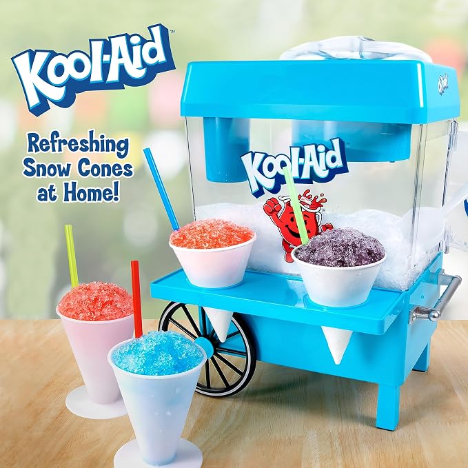 Nostalgia Kool-Aid Snow Cone Shaved Ice Machine - Retro Table-Top Slushie Machine Makes 20 ICY Treats - Includes 2 Reusable Plastic Cups & Ice Scoop - Blue