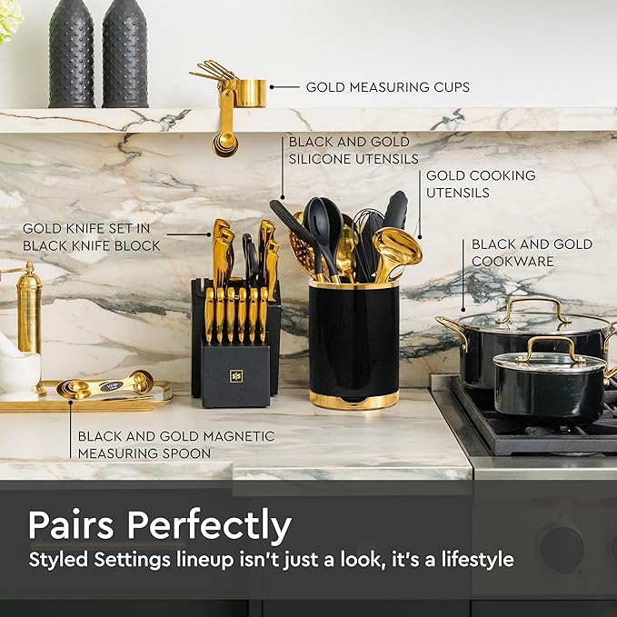 STYLED SETTINGS Black and Gold Utensil Holder with Built-in Spoon Rest - 2 PC Large Ceramic Utensil Holder Includes Black & Gold Spoon Rest - Luxury Kitchen Accessories - Utensils Not Included