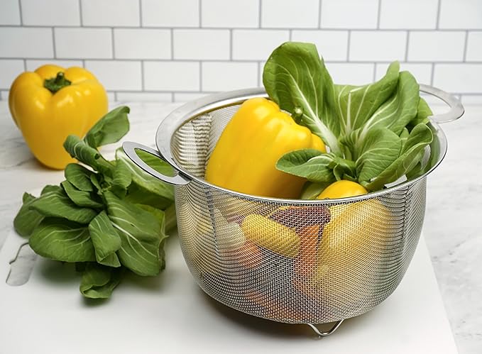 RSVP International Endurance Kitchen Collection Stainless Steel Mesh Strainer, 6 Quart, Wide Rim