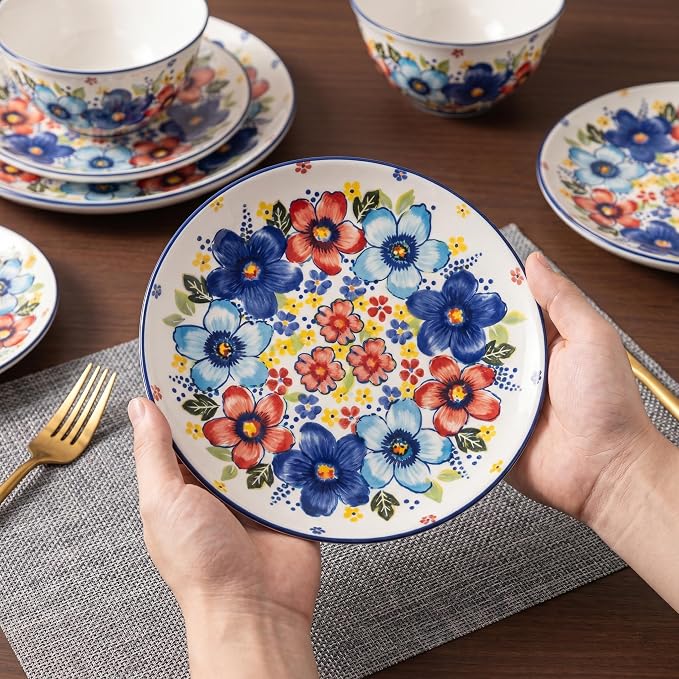 24-Piece Ceramic Dinnerware Set, Vibrant Floral, Service for 8, Colorful Floral Plates and Bowls, Microwave & Dishwasher Safe, Bohemian Style Porcelain Dish Set