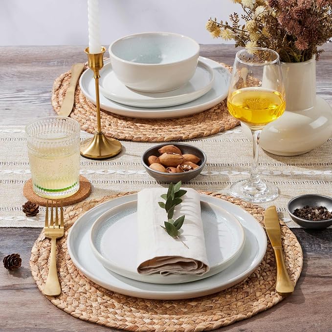 LIANYU Stoneware Dinnerware Sets for 8, 24 Piece Ceramic Plates and Bowls Set for 8, Kitchen Dishes Set, Modern Dinning Ware Dishware Set, Dishwasher and Microwave Safe Dinner Salad Plates, Dusk White