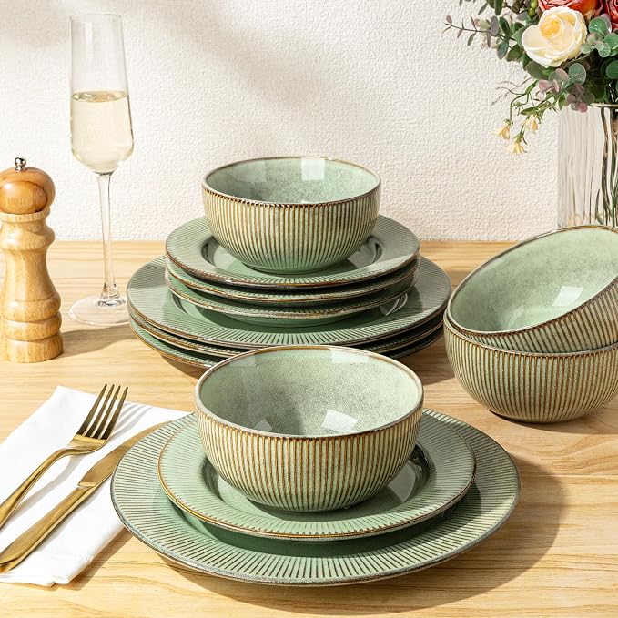 GBHOME Ceramic Dinnerware Sets,12 pcs Embossed Elegant Stoneware Plates and Bowls Sets, Housewarming Wedding Gift | Dishwasher & Microwave Safe | Dishes Set Service for 4