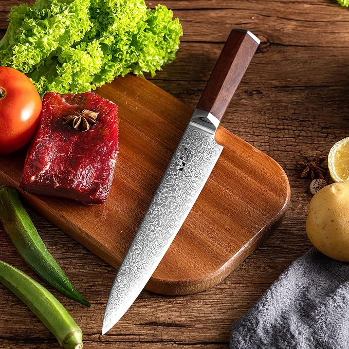 Slicing Knife 8 inch Damascus VG-10 Super Steel 67-Layer Damascus Slicing Carving Knife with Hexagon Natural Wood Handle for Beautiful Thin Slices of Pork, steak, brisket, and Poultry