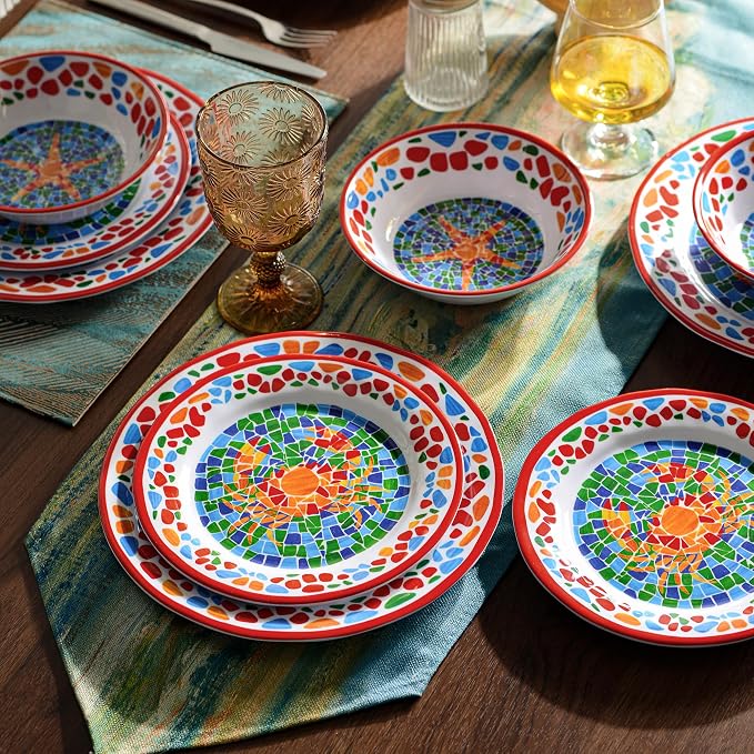 Melamine Dinnerware Sets for 4,Unbreakable Coastal Red Dishes | Reusable Plates and Bowls Sets, Chip Resistant Dinnerware Set for Camping, Lightweight Dishes with Nautical Ocean