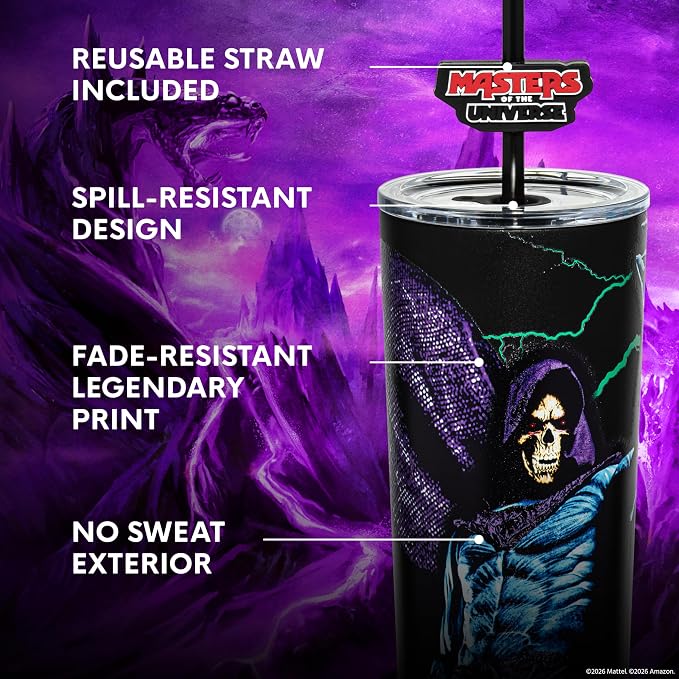 Dragon Glassware x Masters of the Universe (MOTU) Vacuum Insulated Stainless Steel Tumbler - 24 oz with Straw Charm - Official 2026 Movie Merch - Skeletor
