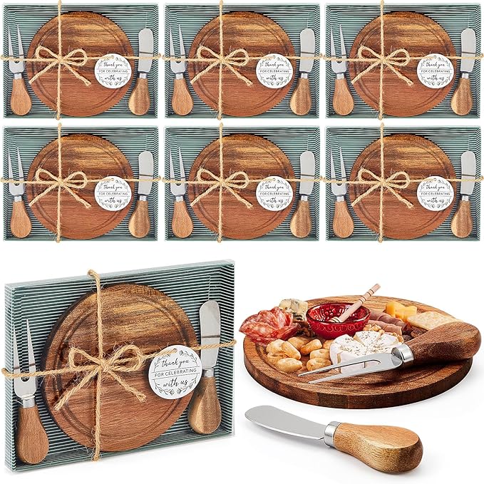 Maxcheck 6 Sets Baby Shower Bridal Game Prizes for Winners Round Cheese Board Set Wood Mini Charcuterie Board with Knives and Forks Thank You Card with Gift Box for Guests Wedding (Acacia)