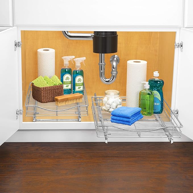 LYNK PROFESSIONAL® Pull Out Cabinet Organizer, 17" x 18" Slide Out Cabinet Organizer Pull Out Drawer – Pull Out Shelves for Kitchen Cabinets – Under Sink Organizers - Lifetime Ltd. Warranty, Chrome