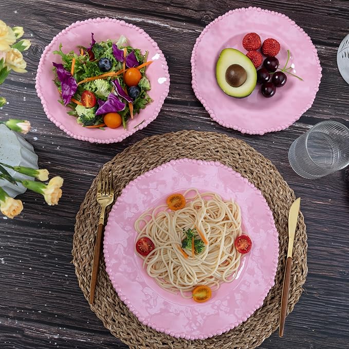 Pink Dishes Melamine Dinnerware Sets, 18 Piece Kitchen Plates and Bowls tableware Set, Lightweight, BPA free Beaded Serving Dishes for Girls, Valentine's Day, Mother's Day. Service for 6.