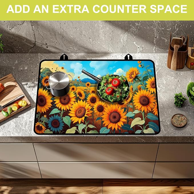 Glass stove top cover 28"x 20", Stove Top Covers for Electric Stove, Flat Range Mat for Glass Cooktop, Kitchen Heat-Resistant Protector Non-Slip Drying Mat (Sunflower)