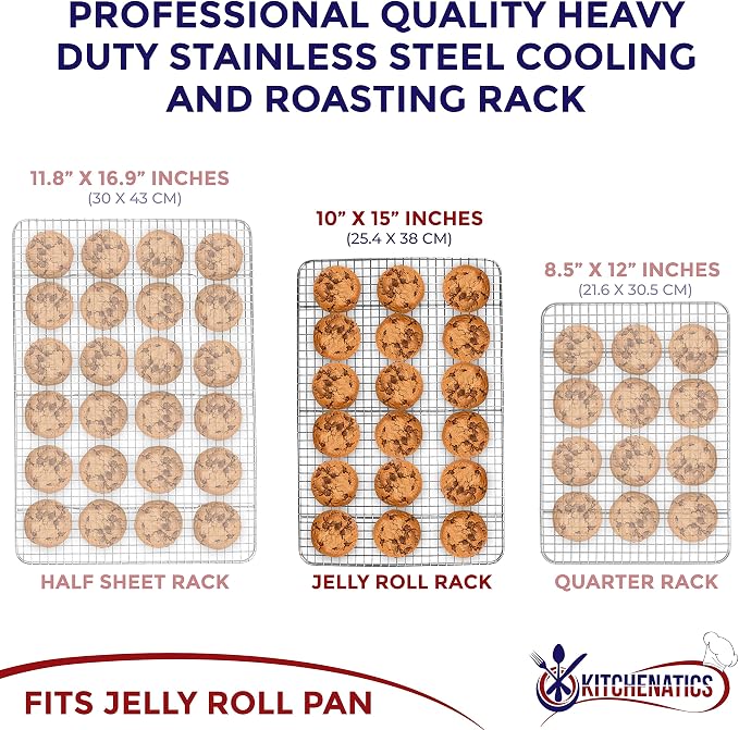 KITCHENATICS Jelly Roll Cooling Rack Stainless Steel Oven Safe 10x15 Inches | Fits a standard 10x15 jelly roll pan for grilling, broiling and draining grease while cooking
