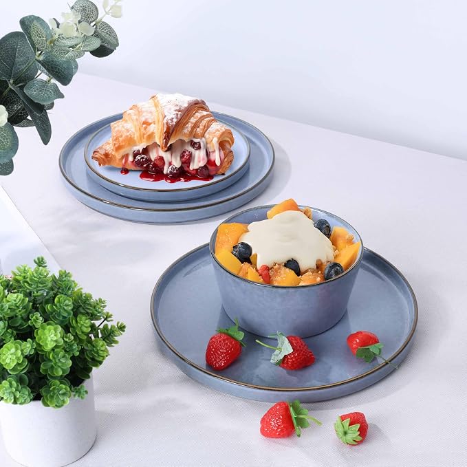 Herogo 18 Pieces Dinnerware Set for 6, Stoneware Dinner Plates and Bowls Sets, Reactive Glaze Dishes for Kitchen, Crack Resistant, Microwave & Dishwasher Safe, Haze Blue