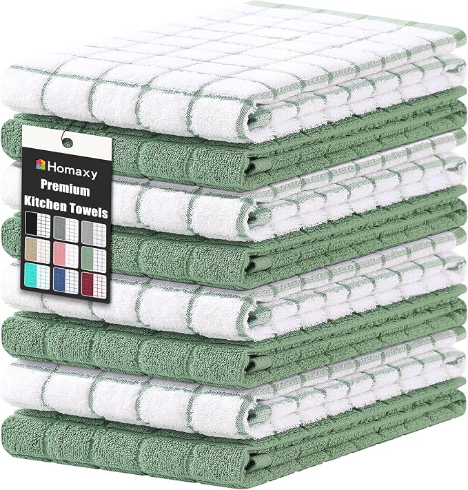 Homaxy Premium Cotton Kitchen Towels 16"x 28", Large Natural Ring Spun 390 GSM Dish Towels, Super Absorbent Terry Kitchen Hand Towels, Soft Tea Towels with Hanging Loop, Grass Green Check, 8 Pack