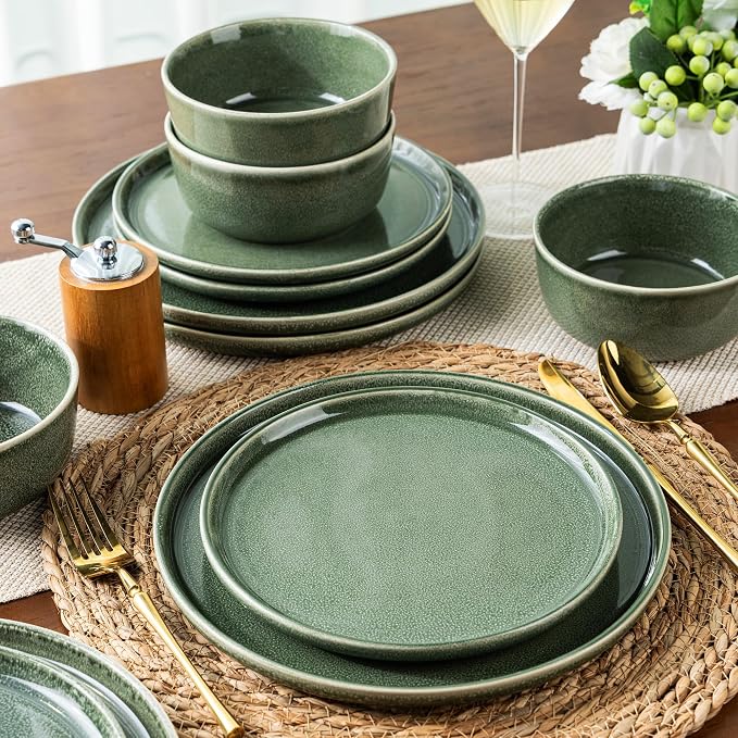 AmorArc Stoneware Dinnerware Sets for 4,Round Reactive Glaze Ceramic Plates and Bowls Set,Highly Scratch Resistant | Dishwasher & Microwave Safe Dishes Set,Service for 4 (12pc)