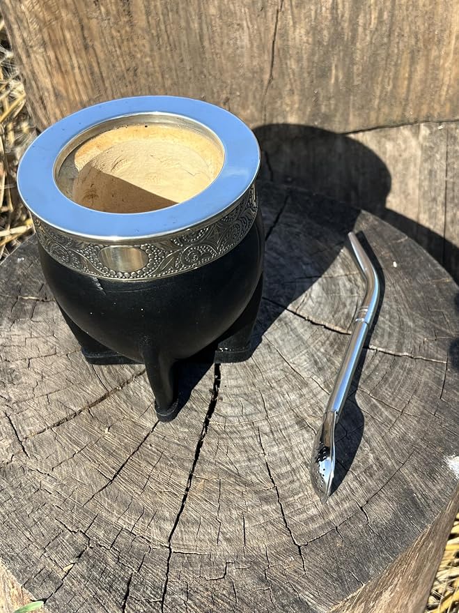 Mate Imperial Argentino, With Straw Tea Gourd Mug One Bombilla Mate (Straw), Wrapped Handmade Leather, Includes Premium Packaging(black)