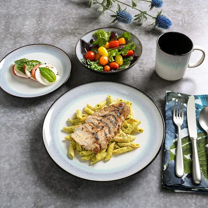 Gibson Elite Rings of Saturn Round Reactive Glaze Stoneware Dinnerware Set, Service for Four (16pcs), Teal Blue